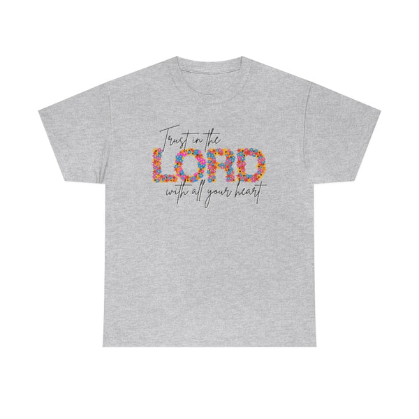 Bright Floral Trust in the Lord Cotton T-Shirt-T-Shirt-Printify-Ash-S-5.25designs-veteran-family business-florida-melbourne-orlando-knit-crochet-small business-