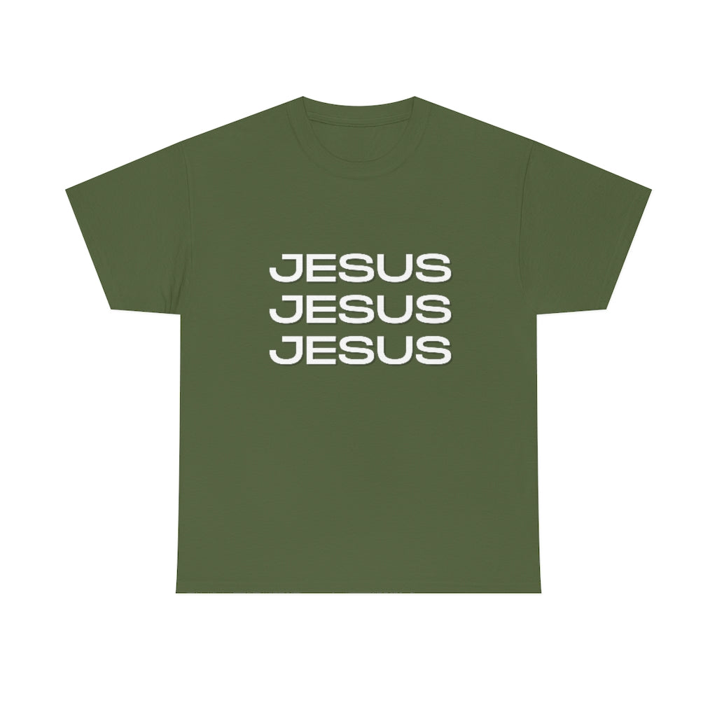 Jesus, Jesus, Jesus Cotton T-Shirt-T-Shirt-Printify-Military Green-S-5.25designs-veteran-family business-florida-melbourne-orlando-knit-crochet-small business-