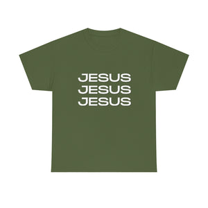 Jesus, Jesus, Jesus Cotton T-Shirt-T-Shirt-Printify-Military Green-S-5.25designs-veteran-family business-florida-melbourne-orlando-knit-crochet-small business-