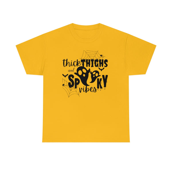 Thick Thighs and Spooky Ghost Vibes Cotton T-Shirt-T-Shirt-Printify-Gold-S-5.25designs-veteran-family business-florida-melbourne-orlando-knit-crochet-small business-