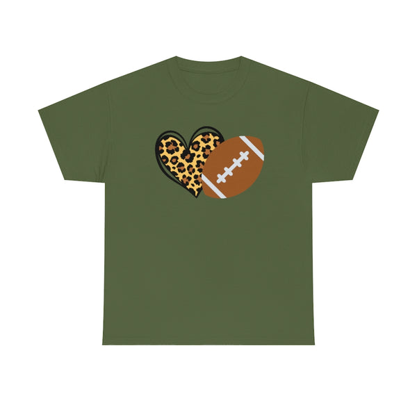 Leopard Print Heart Football Cotton T-Shirt-T-Shirt-Printify-Military Green-S-5.25designs-veteran-family business-florida-melbourne-orlando-knit-crochet-small business-
