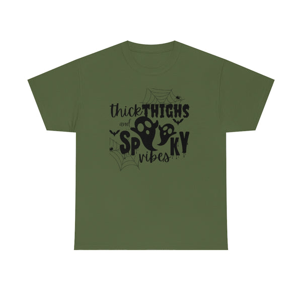 Thick Thighs and Spooky Ghost Vibes Cotton T-Shirt-T-Shirt-Printify-Military Green-S-5.25designs-veteran-family business-florida-melbourne-orlando-knit-crochet-small business-
