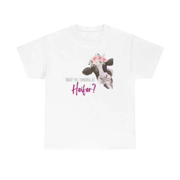 What You Looking At Heifer? Cow Cotton TShirt-T-Shirt-Printify-White-S-5.25designs-veteran-family business-florida-melbourne-orlando-knit-crochet-small business-
