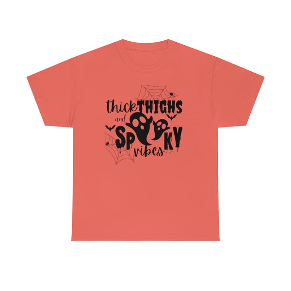 Thick Thighs and Spooky Ghost Vibes Cotton T-Shirt-T-Shirt-Printify-Coral Silk-S-5.25designs-veteran-family business-florida-melbourne-orlando-knit-crochet-small business-