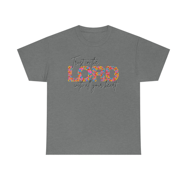 Bright Floral Trust in the Lord Cotton T-Shirt-T-Shirt-Printify-Graphite Heather-S-5.25designs-veteran-family business-florida-melbourne-orlando-knit-crochet-small business-