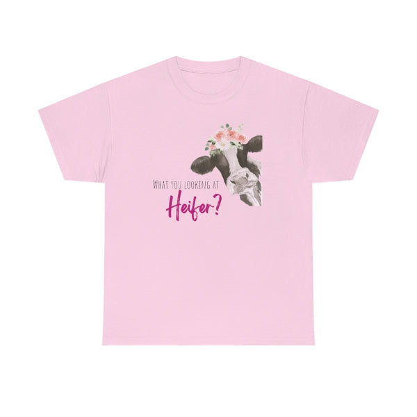 What You Looking At Heifer? Cow Cotton TShirt-T-Shirt-Printify-Light Pink-S-5.25designs-veteran-family business-florida-melbourne-orlando-knit-crochet-small business-