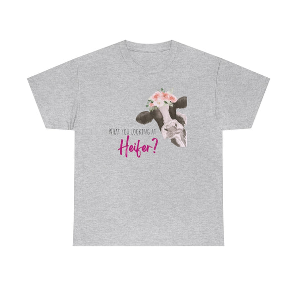What You Looking At Heifer? Cow Cotton TShirt-T-Shirt-Printify-Ash-S-5.25designs-veteran-family business-florida-melbourne-orlando-knit-crochet-small business-
