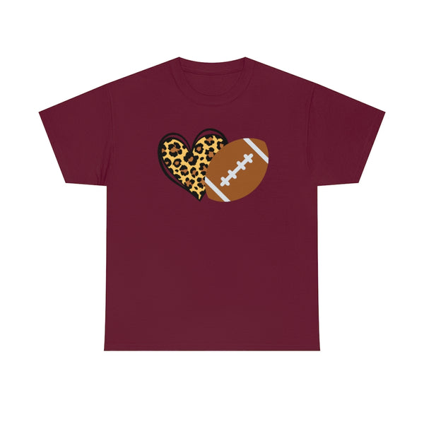 Leopard Print Heart Football Cotton T-Shirt-T-Shirt-Printify-Maroon-S-5.25designs-veteran-family business-florida-melbourne-orlando-knit-crochet-small business-