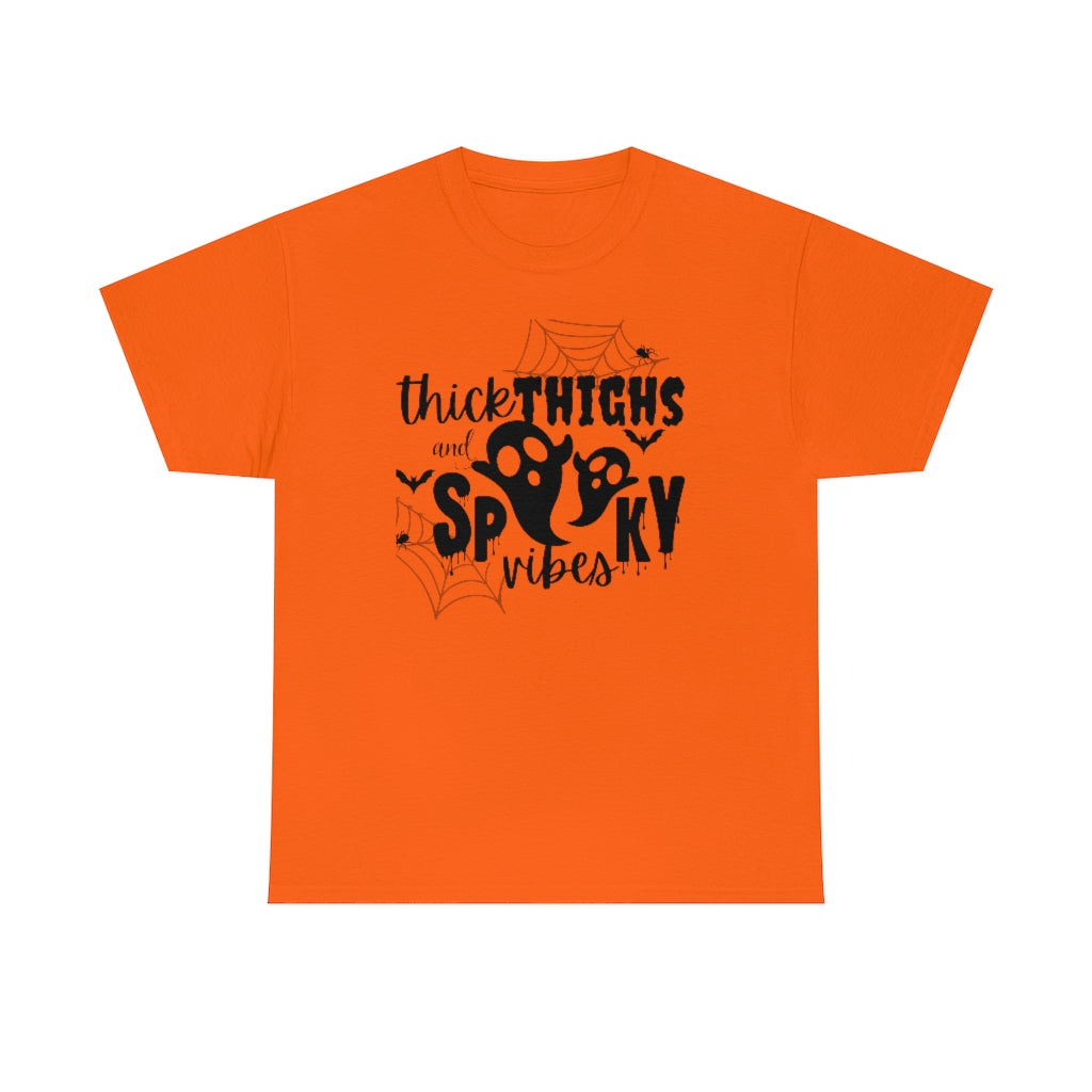 Thick Thighs and Spooky Ghost Vibes Cotton T-Shirt-T-Shirt-Printify-Orange-S-5.25designs-veteran-family business-florida-melbourne-orlando-knit-crochet-small business-