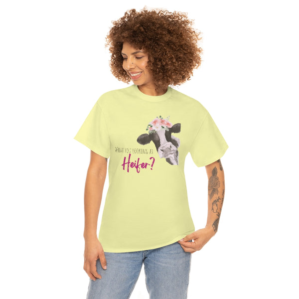 What You Looking At Heifer? Cow Cotton TShirt-T-Shirt-Printify-5.25designs-veteran-family business-florida-melbourne-orlando-knit-crochet-small business-