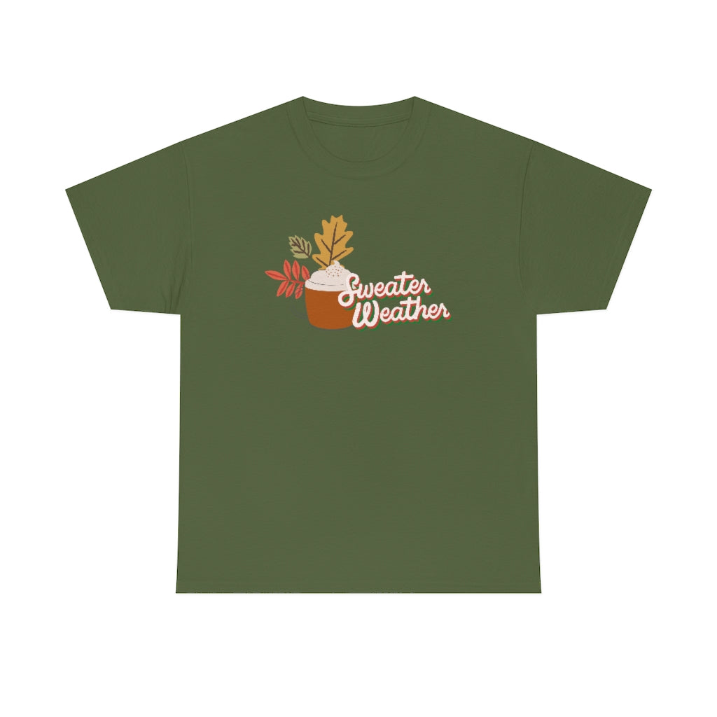 Sweater Weather Pumpkin Coffee Cotton T-Shirt-T-Shirt-Printify-Military Green-S-5.25designs-veteran-family business-florida-melbourne-orlando-knit-crochet-small business-