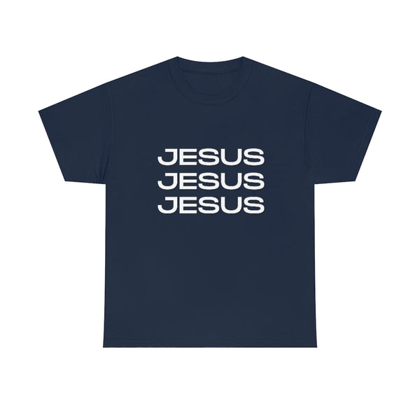 Jesus, Jesus, Jesus Cotton T-Shirt-T-Shirt-Printify-Navy-S-5.25designs-veteran-family business-florida-melbourne-orlando-knit-crochet-small business-