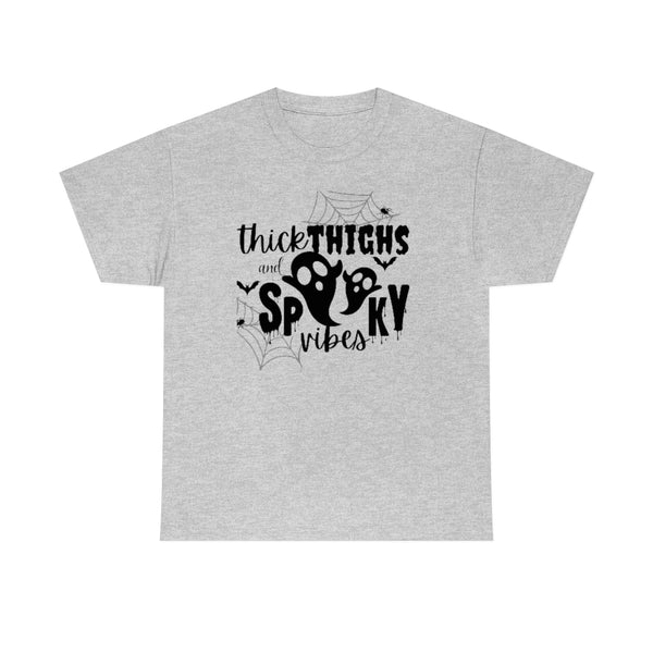 Thick Thighs and Spooky Ghost Vibes Cotton T-Shirt-T-Shirt-Printify-Sport Grey-S-5.25designs-veteran-family business-florida-melbourne-orlando-knit-crochet-small business-