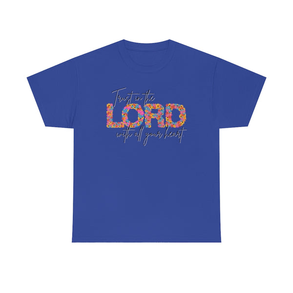 Bright Floral Trust in the Lord Cotton T-Shirt-T-Shirt-Printify-Cobalt-M-5.25designs-veteran-family business-florida-melbourne-orlando-knit-crochet-small business-