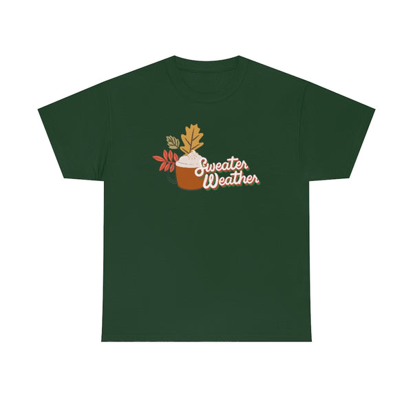 Sweater Weather Pumpkin Coffee Cotton T-Shirt-T-Shirt-Printify-Forest Green-S-5.25designs-veteran-family business-florida-melbourne-orlando-knit-crochet-small business-