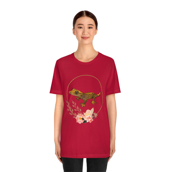 Crested Gecko with flowers Unisex Jersey Short Sleeve Tee-T-Shirt-Printify-5.25designs-veteran-family business-florida-melbourne-orlando-knit-crochet-small business-