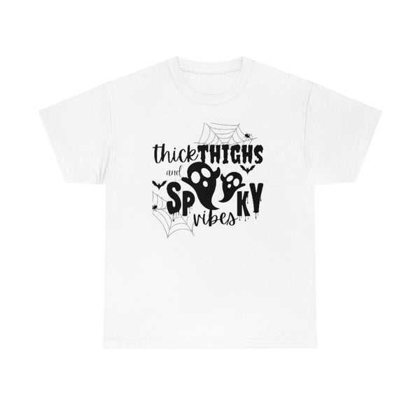 Thick Thighs and Spooky Ghost Vibes Cotton T-Shirt-T-Shirt-Printify-White-S-5.25designs-veteran-family business-florida-melbourne-orlando-knit-crochet-small business-