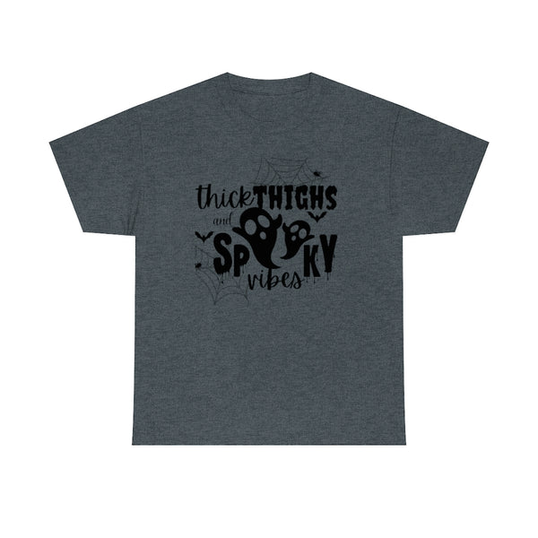 Thick Thighs and Spooky Ghost Vibes Cotton T-Shirt-T-Shirt-Printify-Dark Heather-S-5.25designs-veteran-family business-florida-melbourne-orlando-knit-crochet-small business-