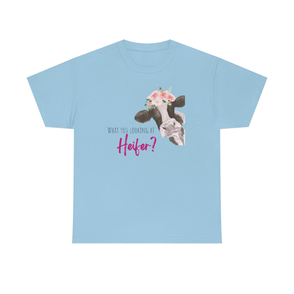 What You Looking At Heifer? Cow Cotton TShirt-T-Shirt-Printify-Light Blue-S-5.25designs-veteran-family business-florida-melbourne-orlando-knit-crochet-small business-