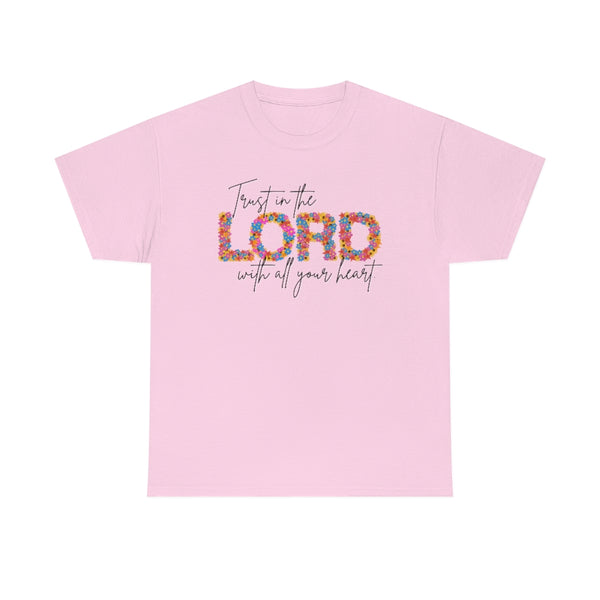 Bright Floral Trust in the Lord Cotton T-Shirt-T-Shirt-Printify-Light Pink-S-5.25designs-veteran-family business-florida-melbourne-orlando-knit-crochet-small business-