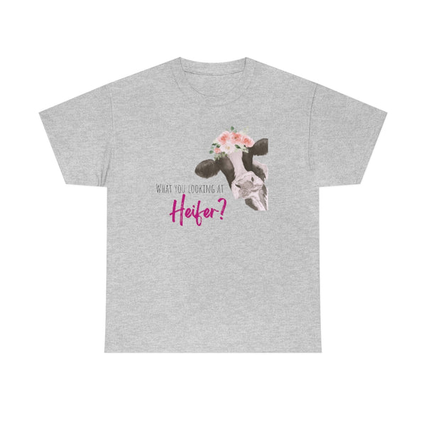 What You Looking At Heifer? Cow Cotton TShirt-T-Shirt-Printify-Sport Grey-S-5.25designs-veteran-family business-florida-melbourne-orlando-knit-crochet-small business-