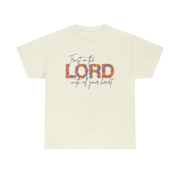 Bright Floral Trust in the Lord Cotton T-Shirt-T-Shirt-Printify-Natural-S-5.25designs-veteran-family business-florida-melbourne-orlando-knit-crochet-small business-