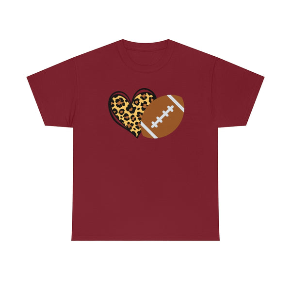 Leopard Print Heart Football Cotton T-Shirt-T-Shirt-Printify-Cardinal Red-S-5.25designs-veteran-family business-florida-melbourne-orlando-knit-crochet-small business-