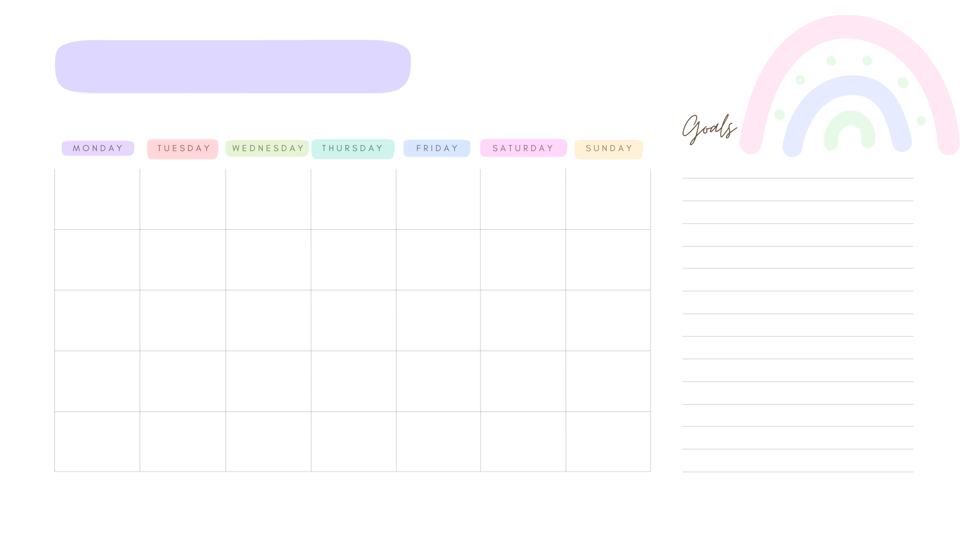 Rainbow Blank Monthly Calendar Sheet-Calendars, Organizers & Planners-5.25 Designs-5.25designs-veteran-family business-florida-melbourne-orlando-knit-crochet-small business-