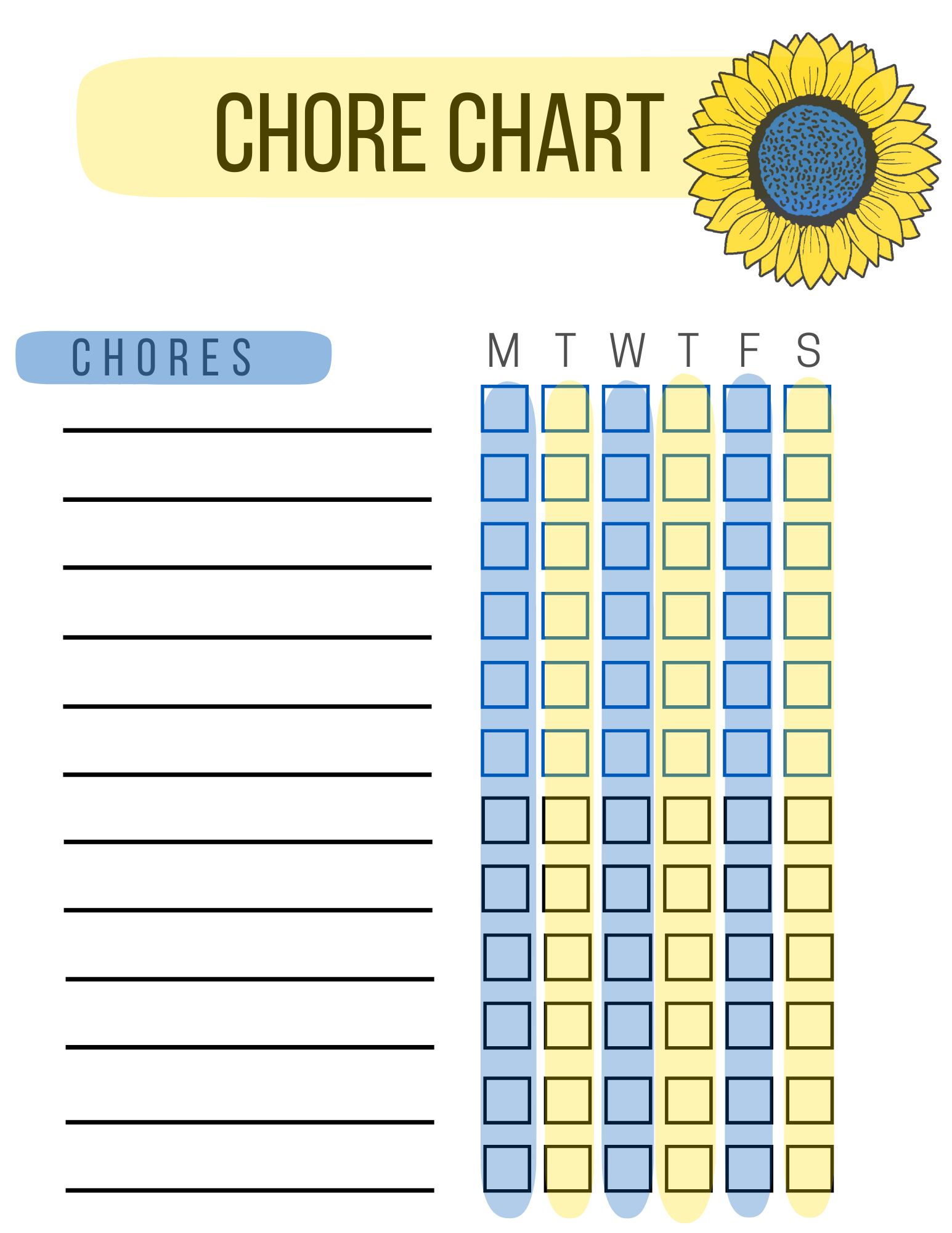 Blue and Yellow Sunflower Chore Chart Digital Download-Calendars, Organizers & Planners-5.25 Designs-5.25designs-veteran-family business-florida-melbourne-orlando-knit-crochet-small business-