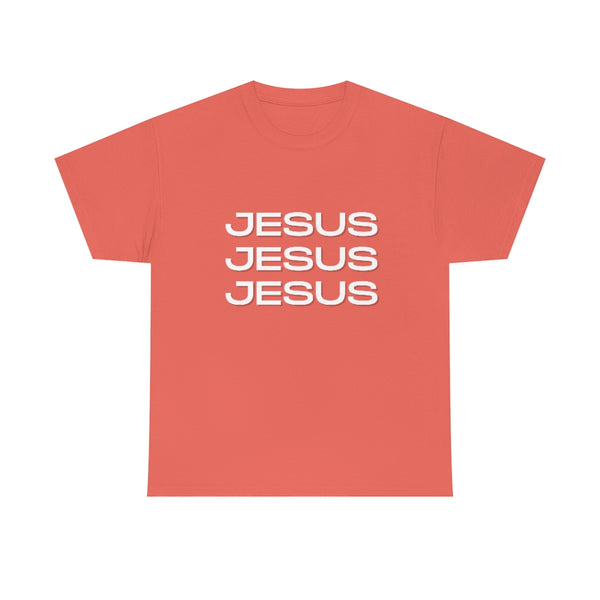 Jesus, Jesus, Jesus Cotton T-Shirt-T-Shirt-Printify-Coral Silk-S-5.25designs-veteran-family business-florida-melbourne-orlando-knit-crochet-small business-