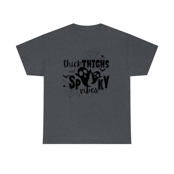 Thick Thighs and Spooky Ghost Vibes Cotton T-Shirt-T-Shirt-Printify-Tweed-S-5.25designs-veteran-family business-florida-melbourne-orlando-knit-crochet-small business-