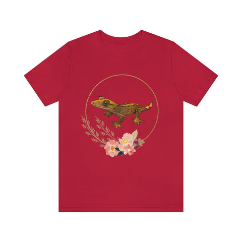 Crested Gecko with flowers Unisex Jersey Short Sleeve Tee-T-Shirt-Printify-Red-S-5.25designs-veteran-family business-florida-melbourne-orlando-knit-crochet-small business-