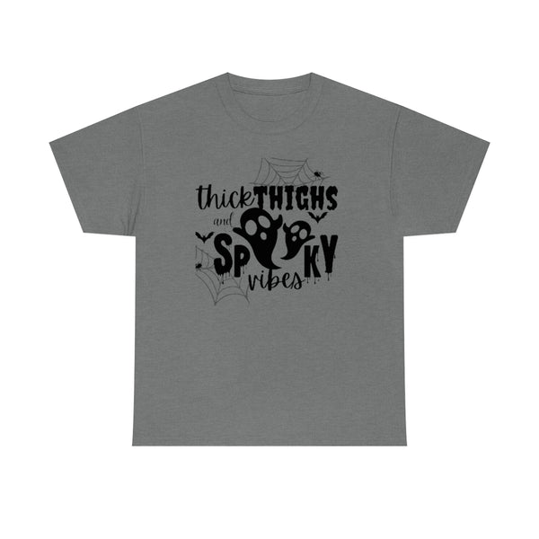 Thick Thighs and Spooky Ghost Vibes Cotton T-Shirt-T-Shirt-Printify-Graphite Heather-S-5.25designs-veteran-family business-florida-melbourne-orlando-knit-crochet-small business-