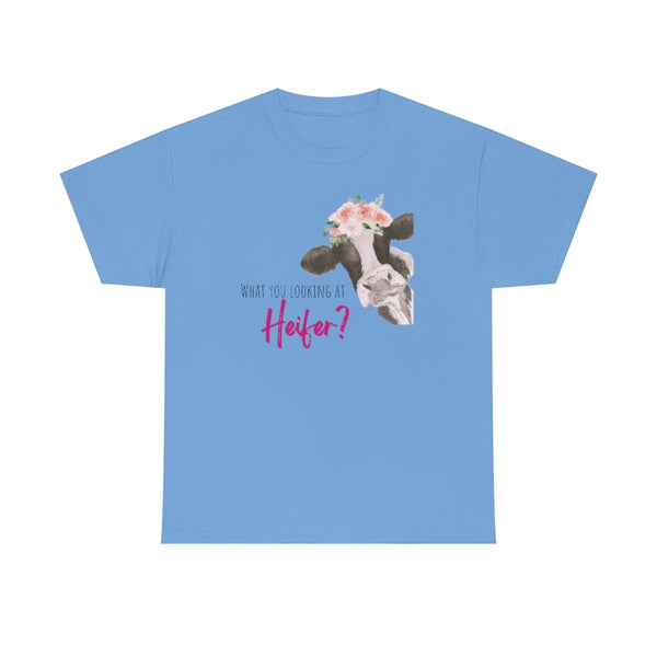 What You Looking At Heifer? Cow Cotton TShirt-T-Shirt-Printify-Carolina Blue-S-5.25designs-veteran-family business-florida-melbourne-orlando-knit-crochet-small business-