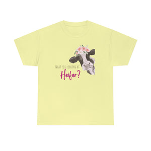 What You Looking At Heifer? Cow Cotton TShirt-T-Shirt-Printify-Cornsilk-S-5.25designs-veteran-family business-florida-melbourne-orlando-knit-crochet-small business-