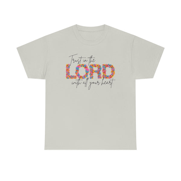 Bright Floral Trust in the Lord Cotton T-Shirt-T-Shirt-Printify-Ice Grey-S-5.25designs-veteran-family business-florida-melbourne-orlando-knit-crochet-small business-