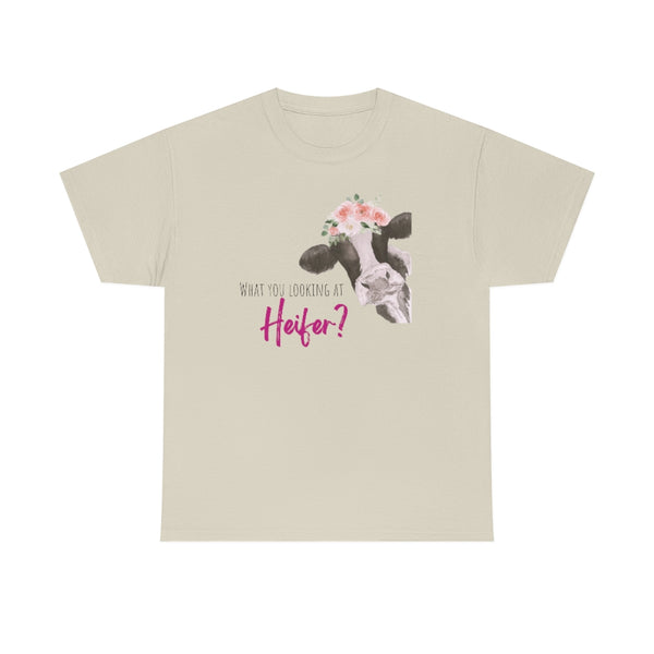 What You Looking At Heifer? Cow Cotton TShirt-T-Shirt-Printify-Sand-S-5.25designs-veteran-family business-florida-melbourne-orlando-knit-crochet-small business-