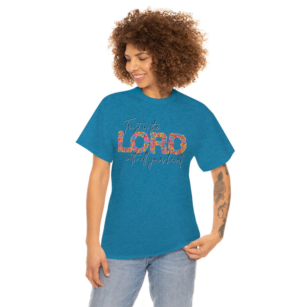 Bright Floral Trust in the Lord Cotton T-Shirt-T-Shirt-Printify-5.25designs-veteran-family business-florida-melbourne-orlando-knit-crochet-small business-