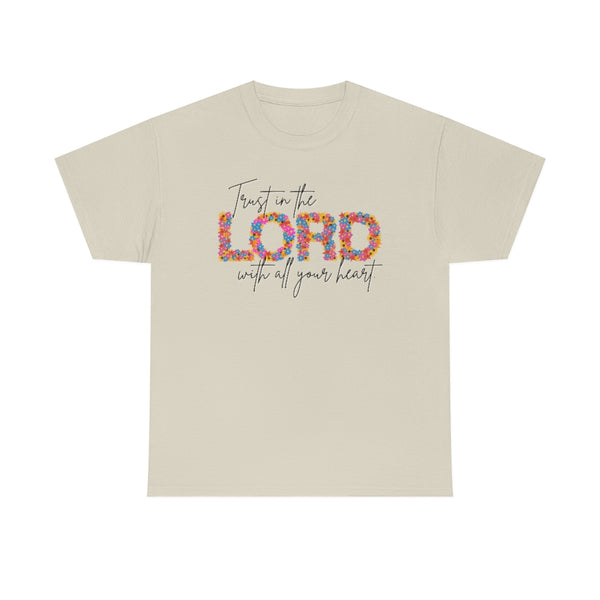 Bright Floral Trust in the Lord Cotton T-Shirt-T-Shirt-Printify-Sand-S-5.25designs-veteran-family business-florida-melbourne-orlando-knit-crochet-small business-