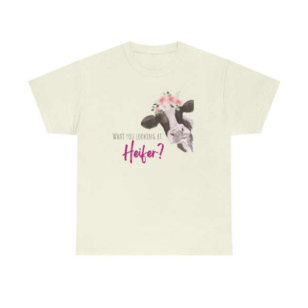 What You Looking At Heifer? Cow Cotton TShirt-T-Shirt-Printify-Natural-S-5.25designs-veteran-family business-florida-melbourne-orlando-knit-crochet-small business-