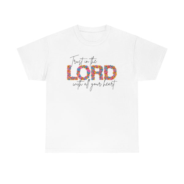 Bright Floral Trust in the Lord Cotton T-Shirt-T-Shirt-Printify-White-S-5.25designs-veteran-family business-florida-melbourne-orlando-knit-crochet-small business-
